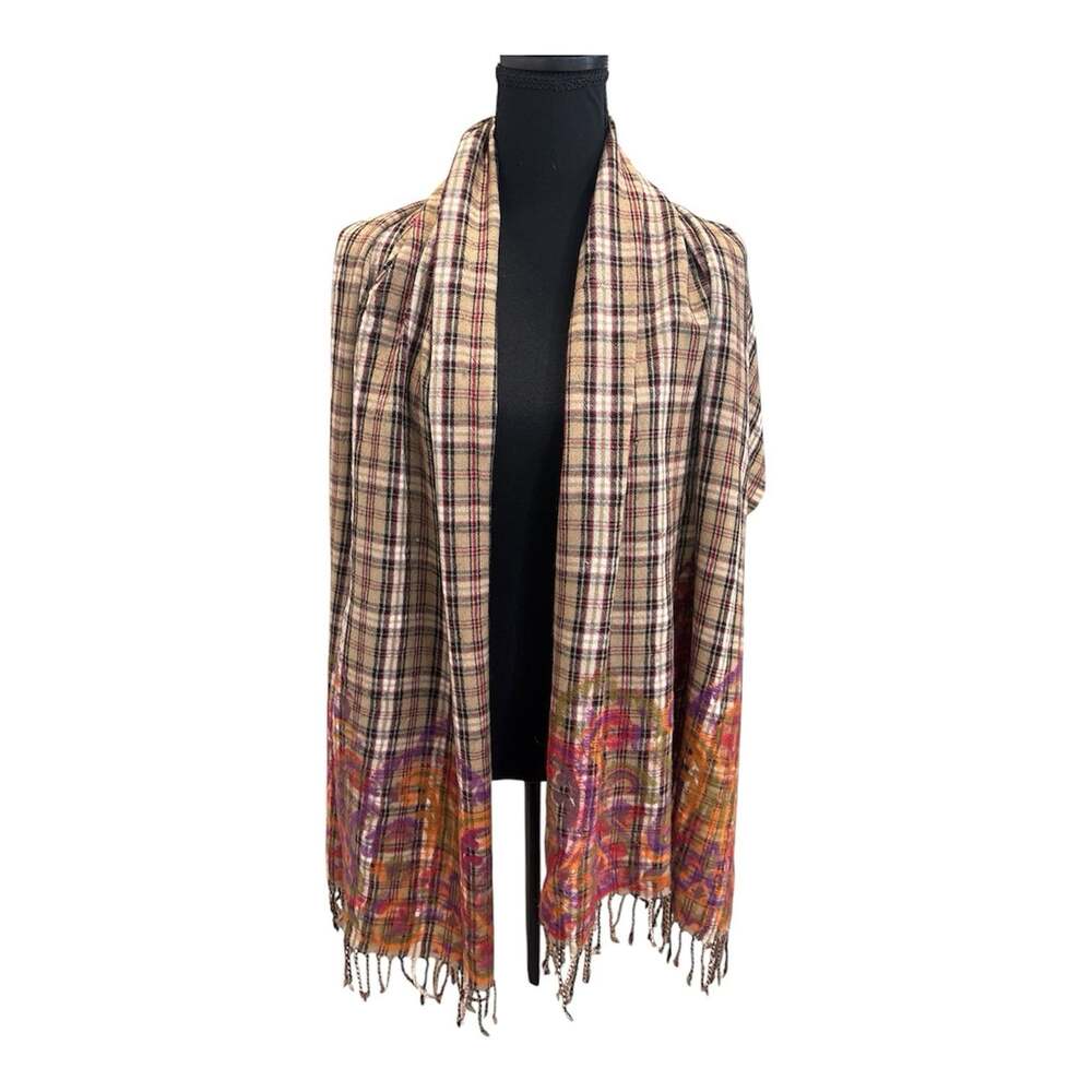 Premiere Pashmina 100 % Wool Plaid Scarf  Multicolor 27”W X 73”L